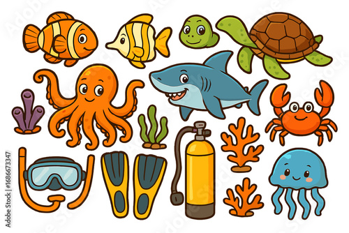 Sea life animal collection. Cute ocean cartoon set with fish, shark, octopus, turtle, crab, and scuba diving gear. Marine vector illustration icons for kids. Underwater world.
