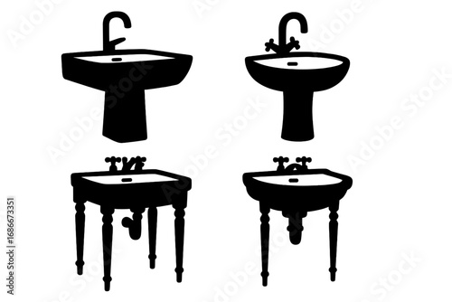 Silhouette set of modern and classic bathroom sinks, washbasins collection with pedestal and leg designs, vector cartoon illustration, plumbing fixtures, home and hotel decor