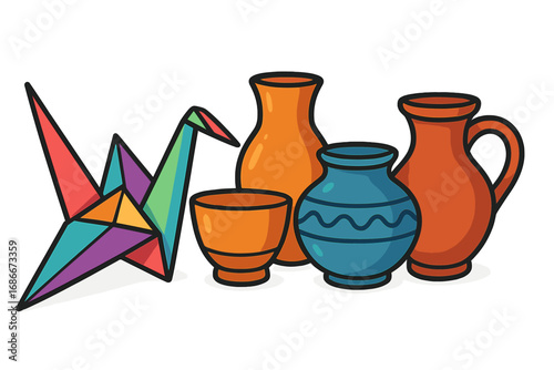 Colorful origami paper crane and pottery collection. Vector cartoon illustration of traditional handmade crafts. Hobby and creativity concept. Ceramic vases isolated on white.