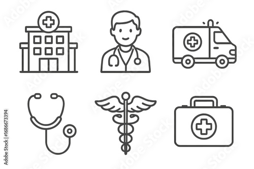Medical icon set with hospital, doctor, ambulance, caduceus, stethoscope, and first aid kit. Vector line art symbols for healthcare, medicine, and emergency services.
