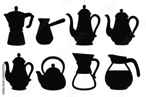 Silhouette set of traditional coffee pots in various styles, vintage and modern coffee kettles, vector illustration with transparent background, ordered collection for barista and cafe design