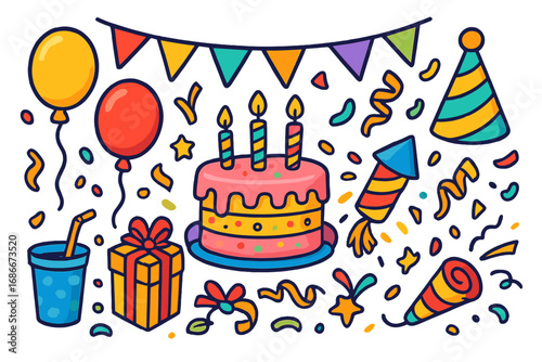 Birthday party celebration elements set. Vector cartoon doodle illustration of festive decoration icons. Cake with candles, gift box, balloons, confetti and party hat.