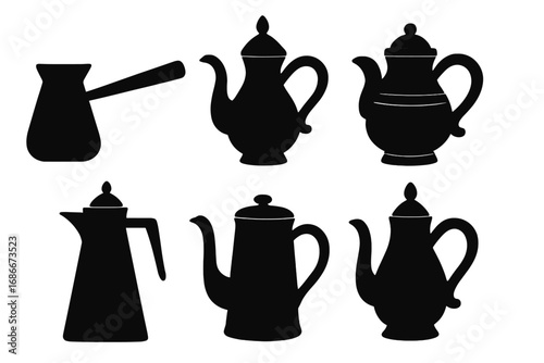 Silhouette set of traditional coffee pots in various vintage and classic styles, black vector illustration with transparent background, assorted teapots and coffee kettles design elements