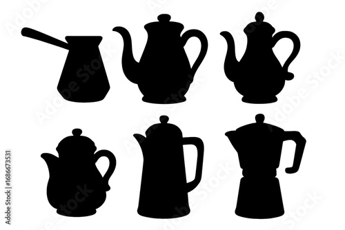 Silhouette set of traditional coffee pots and teapots in various classic and vintage styles, vector cartoon illustration with transparent background, ordered collection for design