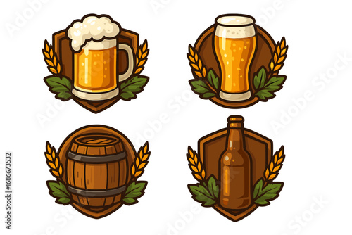 Beer icon set vector logo collection. Brewery pub bar sign symbol emblem. Craft beer ale lager in mug, glass, bottle, barrel with wheat and hops. Cartoon illustration.