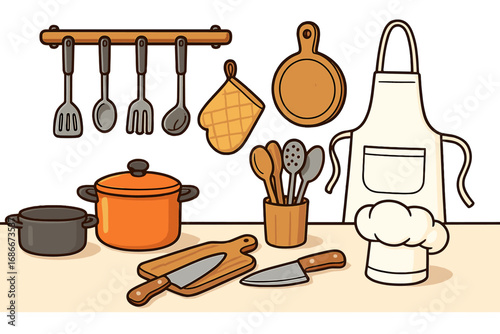 Set of cooking utensils and chef accessories for food preparation. Vector cartoon illustration of kitchenware like a pot, knife, cutting board, apron, chef hat, and spatula.