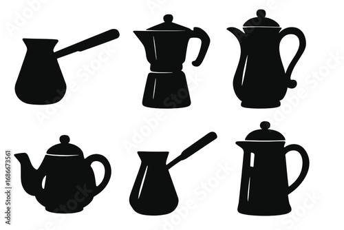 Silhouette set of traditional coffee pots in various classic styles, vector cartoon illustration with transparent background, vintage coffee makers collection, ordered set