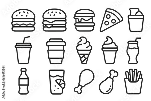 Fast food line icon set. Collection of simple outline symbols for restaurant menu. Burger, pizza, fries, chicken, soda, and ice cream vector pictograms for web and design.