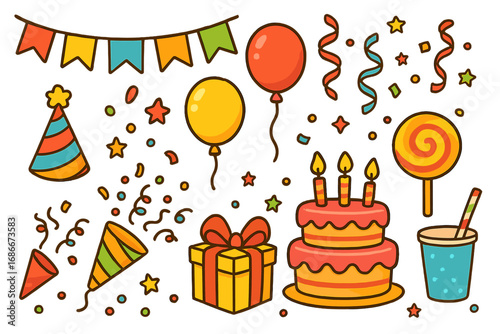 Birthday party elements vector set. Cartoon celebration icon collection with cake, balloons, gift, confetti, hat, garland. Festive holiday event decoration design assets.