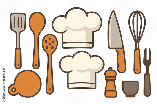 Chef and cooking icon set. Kitchen utensils and equipment for restaurant or culinary school. Flat design vector illustration of knife, spatula, whisk, spoon, and chef hat.