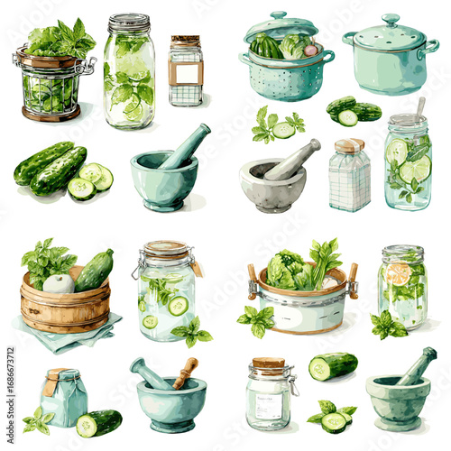 Watercolor illustration set of cucumbers, herbs, jars, and kitchen tools like colanders and mortars, great for cooking, recipe, and organic food design projects.