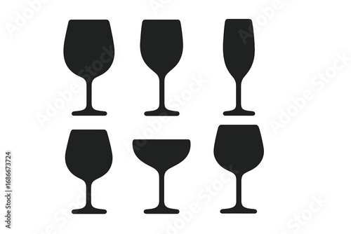 Silhouette wine glass icons in various transparent shapes on white background, ordered set of cartoon vector illustrations, elegant glassware collection, drinkware silhouettes
