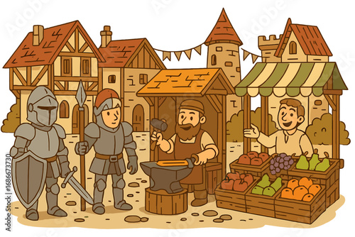Medieval marketplace with knights, blacksmith, and fruit vendor in a historic town. Middle Ages fair scene with craftsmen, soldiers, and commerce. Cartoon vector illustration.