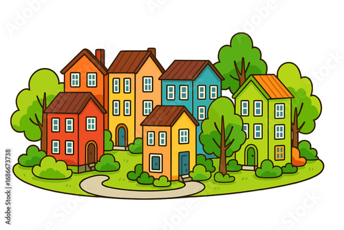 Colorful cartoon townhouses in a cheerful neighborhood. Vector illustration of a small village with trees. Real estate, property, and community living concept. Cute cityscape.