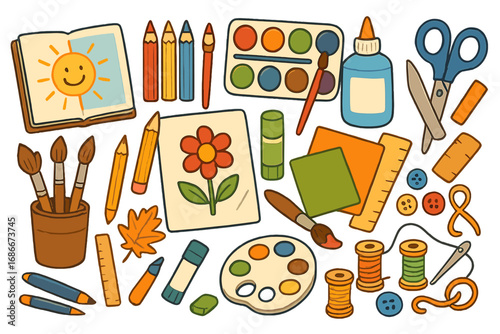 Art and craft supplies for kids. Big vector cartoon set of tools for school, education, creative hobby. Includes items for drawing, painting, sewing, and scrapbooking fun.