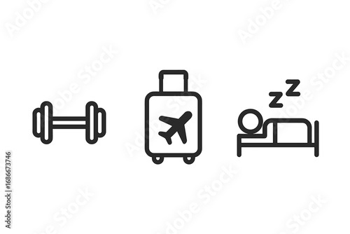 Daily life activity icon set. Minimalist symbols for fitness, travel, sleep. Health and lifestyle concept. Dumbbell, airplane luggage, and bed pictogram. Vector line art.