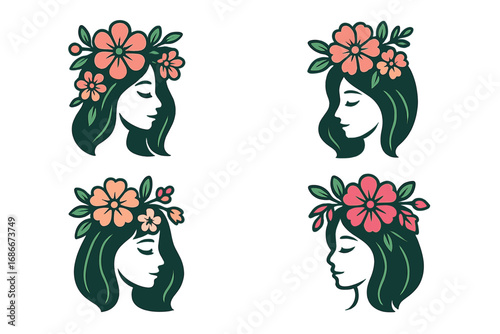 Woman face with flower wreath logo set. Girl head silhouette for beauty salon, spa, cosmetics. Feminine concept of nature, wellness, and self-care. Natural vector illustration.