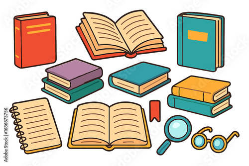 Reading and education vector icon set. Cartoon book collection, open textbook, library elements, and school supplies. For learning, study, knowledge, literature, and research concepts.