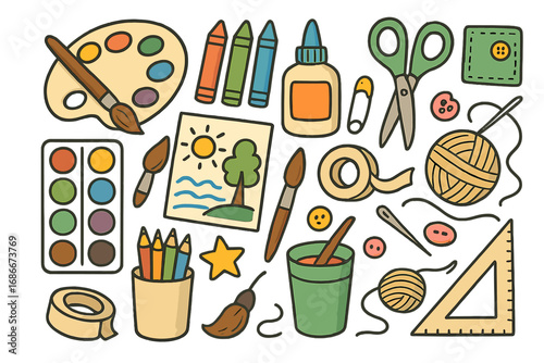 Big set of art and craft supplies for creative hobbies. Tools for painting, drawing, sewing, knitting. Vector cartoon illustration collection. School education, DIY, handmade concept.