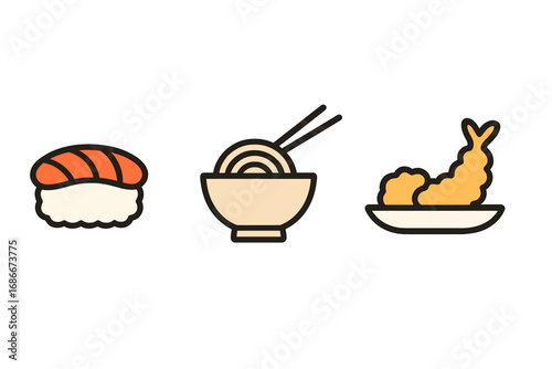Asian food icon set with sushi, ramen noodles, and shrimp tempura. Minimalist Japanese cuisine symbols. Vector cartoon illustration for restaurant menu or logo design. Isolated.
