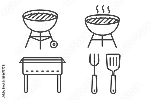 Minimalist line art barbecue grill set, vector cartoon illustration, transparent background, simple outdoor cooking tools, grilling utensils, BBQ equipment collection