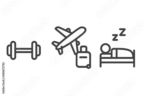 Minimalist activity icons fitness travel sleep. Line art set dumbbell airplane suitcase person bed. Daily routine. Health and lifestyle concept. Vector symbols for workout vacation rest.