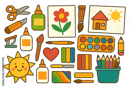 Art and craft supplies set for kids. Children creativity and education tools. Large collection of school stationery items. Vector cartoon icons for drawing, painting, and modeling.