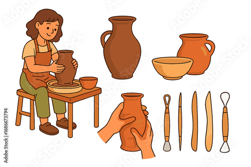 Pottery making vector set. Woman potter crafting on a wheel. Handmade ceramics hobby. Creative workshop concept. Clay art and craft tools for sculpting. Cartoon illustration pack.