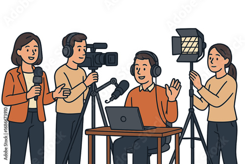 Media production team at work. Broadcasting, interview and podcast concept. Reporter, cameraman and host in a studio. Vector illustration of filming crew and live streaming.