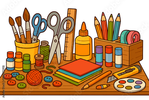 Crafting supplies and tools for creative projects. Vector cartoon set of art equipment for a workshop. DIY, hobby, and back to school concept with scissors, glue, paint and paper.