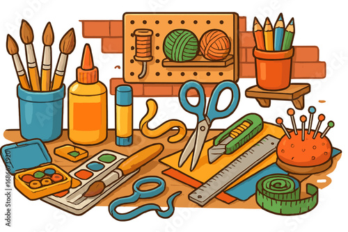 Crafting supplies and tools for creative projects. Vector cartoon illustration of a workshop with paint, brushes, scissors, glue, and paper. Concept for handmade hobbies, DIY, art.