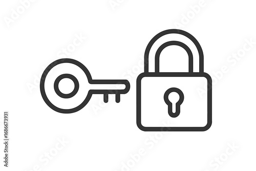 Key and padlock line icon. Minimalist outline pictogram. Metaphor for security, safety, access, login, password and privacy. Solution and opportunity concept. Vector illustration.
