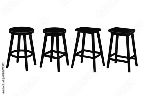Stylish black silhouette stools set in various minimalist designs, vector cartoon illustration with transparent background, modern furniture collection, ordered set for interior design