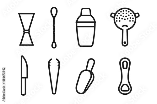 Bar tools icon set for cocktails and mixology. Vector collection of bartender equipment. Jigger, shaker, strainer, spoon. Minimalist black line art for drink making concept.