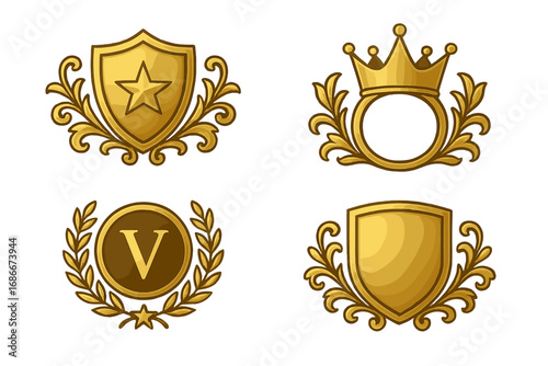 Set of golden luxury badges. Heraldic emblems collection. Royal crown, shield with star, laurel wreath. Premium quality logo elements. Vector illustration for certificate or award.