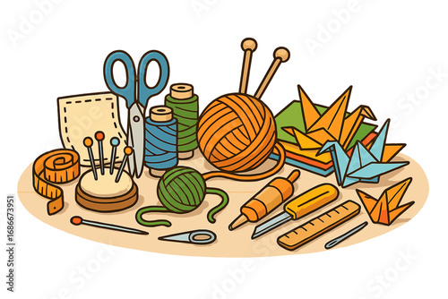 Craft supplies set for sewing, knitting, origami and papercraft. Creative workspace with tools for handmade hobbies. DIY concept cartoon vector illustration with yarn and needles.