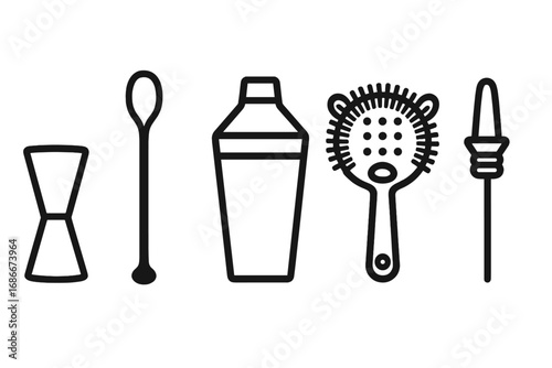 Bar tools icon set for cocktails and mixology. Minimalist vector illustration of bartender equipment. Jigger, shaker, strainer, spoon. Black line art for bar, menu, party design.