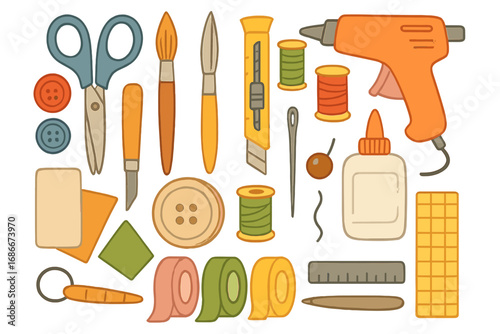 Craft supplies vector set for DIY projects. Art and craft tools icon collection. Scissors, glue gun, tape, thread, buttons, brush for handmade, scrapbooking, sewing hobby.