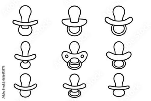 Collection of Minimalist Pacifier Outline Icons, Baby Soother Set in Vector Cartoon Style, Transparent Background, Assorted Baby Teething Clips and Nipples, Infant Care Symbols