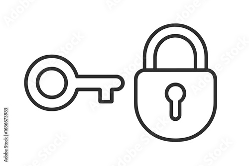 Key and lock icon. Vector line art symbol for security, safety, and privacy. Padlock sign for protection, access, login, password. Secret, solution, opportunity concept.