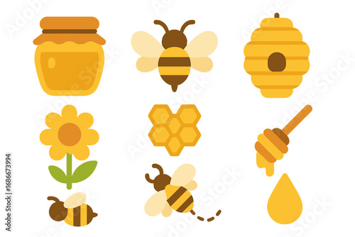 Honey and bee icon set. Flat vector cartoon illustration collection with honey jar, beehive, honeycomb, flower and dipper. Natural organic food and beekeeping concept icons.