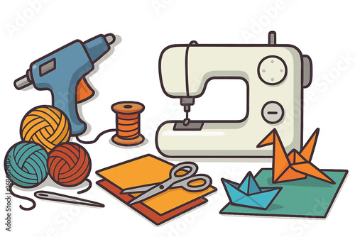 Crafting tools set for DIY handmade projects. Vector illustration of sewing machine, glue gun, yarn, origami, paper and scissors. Concept for hobby, workshop, creative process.