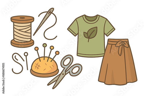 Handmade clothing and tailoring tools. Concept for DIY, craft, hobby, and conscious consumption. Vector cartoon illustration set of sewing items and natural apparel.