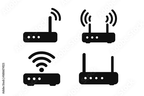 Wireless router icons set in minimalist black and white design, vector cartoon illustrations, transparent background, modern technology symbols, Wi-Fi connectivity, network devices collection