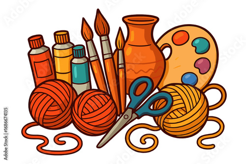 Creative arts and crafts tools concept. Hobby supplies set with yarn, paint brushes, palette, pottery vase and scissors. Handmade DIY equipment vector cartoon illustration.