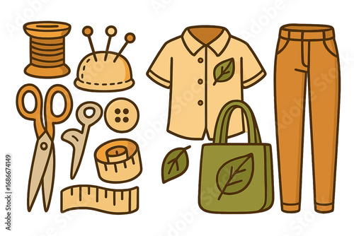 Sustainable fashion and sewing concept. Eco-friendly clothing, natural fabric. Set of tailoring tools for DIY mending and handmade craft. Slow fashion. Vector illustration.