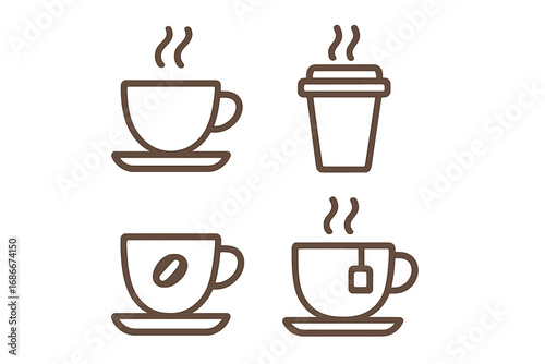 Coffee and tea cup icon set. Minimalist line art vector illustration for cafe, coffee shop, and restaurant menu design. Hot beverage symbols including takeaway cup, espresso, tea bag.
