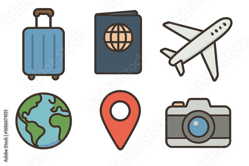 Travel icon set with luggage, passport, airplane, globe, location pin, camera. Flat cartoon vector design elements for tourism, vacation, journey. Isolated trip symbols collection.