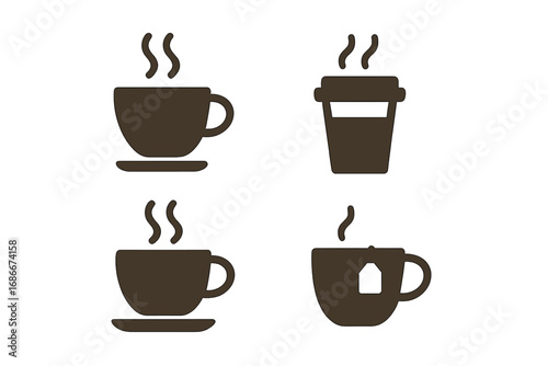 Coffee cup and tea mug vector icon set. Minimalist silhouette symbols for cafe menu, coffee shop, or restaurant. Hot drink, beverage, espresso, cappuccino, and latte icons.