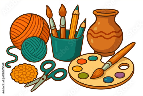 Creative hobby concept with art and craft supplies. Vector set with tools for painting, knitting, drawing and pottery. Includes yarn, brush, palette, scissors, and a clay pot.